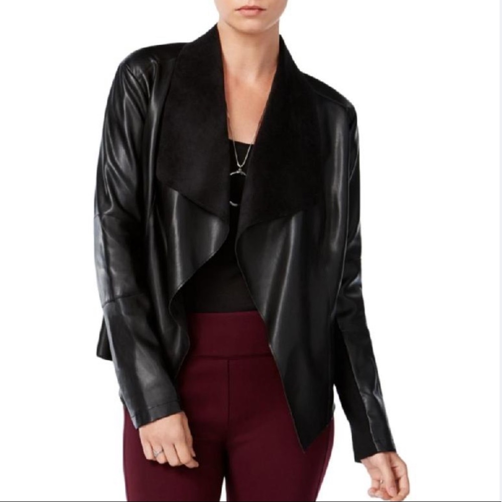 TAHARI Black faux leather draped jacket.